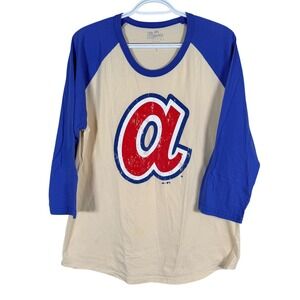 Majestic Threads Atlanta Braves Shirt Mens L Cream Blue Raglan 3/4 Sleeve read